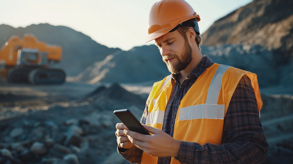 Field technicians using a smart phone to log data during an inspection as part of efficient field services.