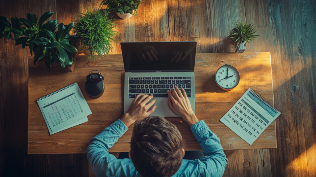 Freelancer tracking time with a laptop, clocks, and a calendar to calculate billable hours.