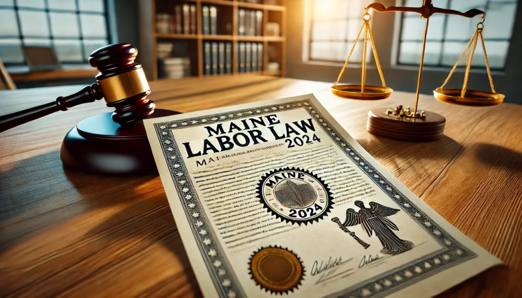 Maine Labor Law 2024 official document with gavel and scales of justice.