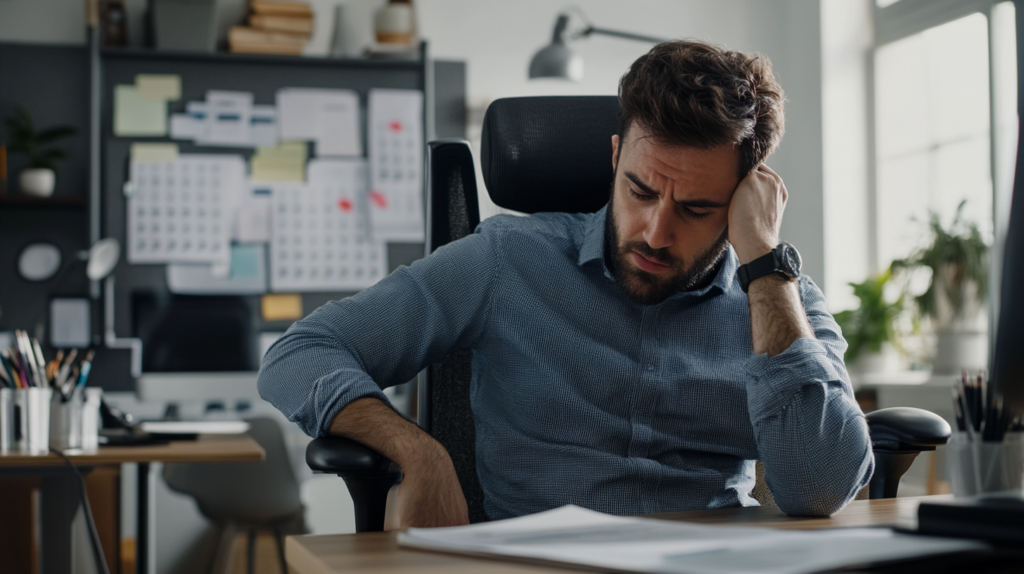 Stressed manager with empty chair, illustrating the impact of no call no show (NCNS) on business operations.