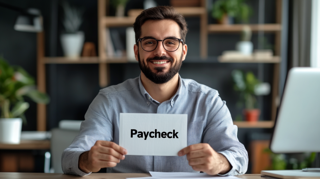 Worker holding paycheck with 'Overtime' stamp representing New Jersey overtime laws.