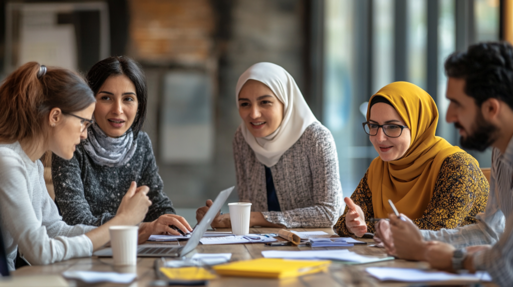 Diverse team successfully overcoming cultural barriers in a modern office meeting.