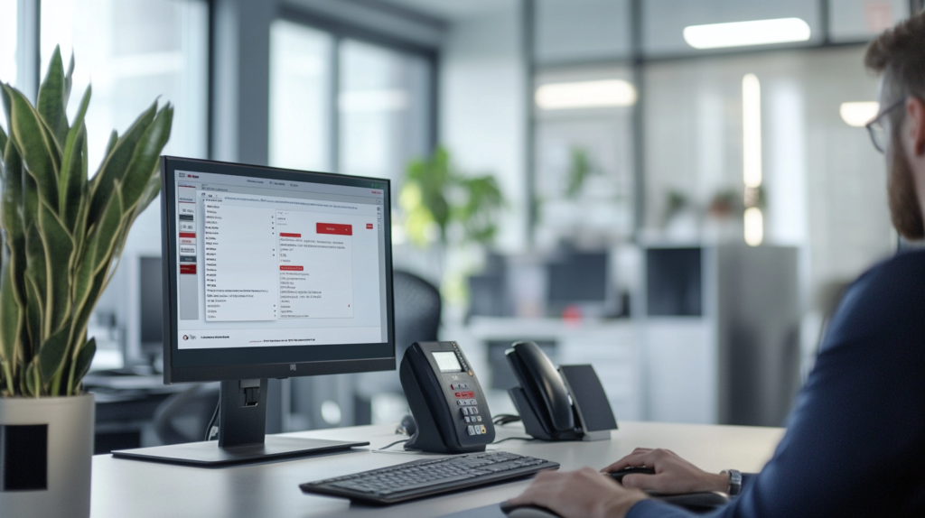 Employee using Redcort time card system on a computer in an office.