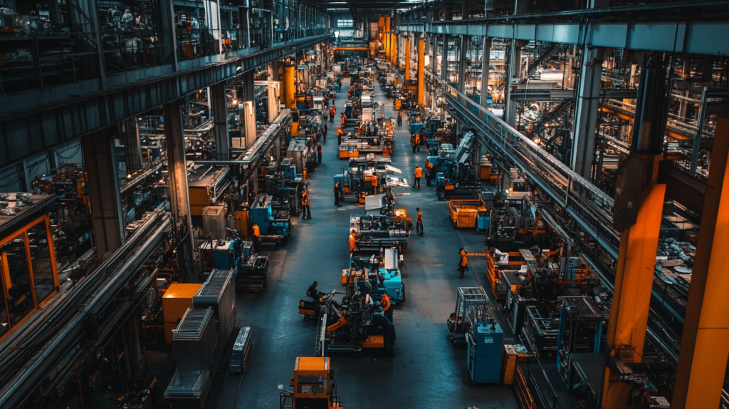 Second shift hours at a bustling factory with workers engaged in tasks.