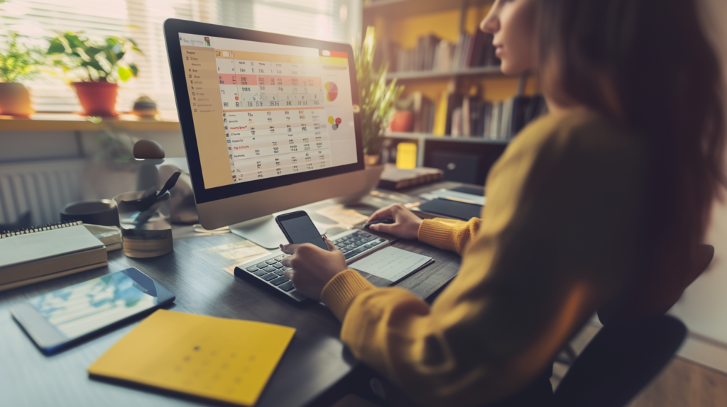 Person using time management tools for boosting productivity on a computer and smartphone.