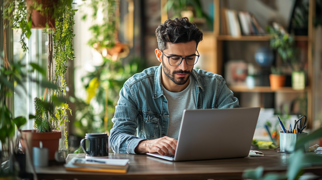 Freelancer working on Upwork projects at a stylish desk.