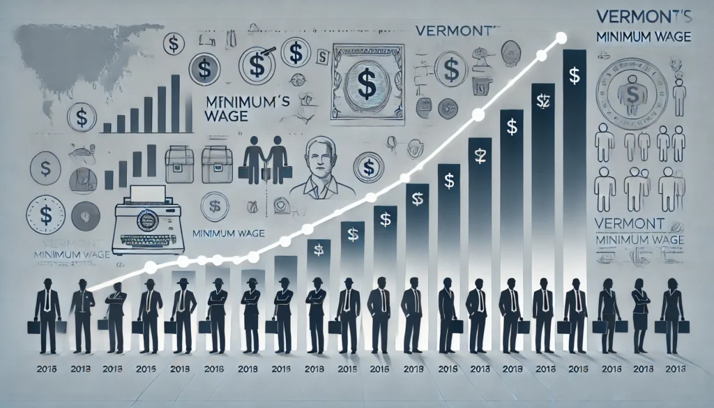 Vermont minimum wage rise depicted in a detailed infographic showing its impact over time.