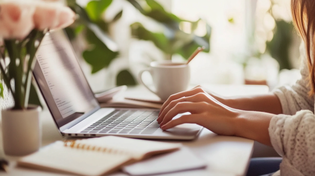 A virtual assistant typing on a laptop, illustrating a legit work at home opportunity.