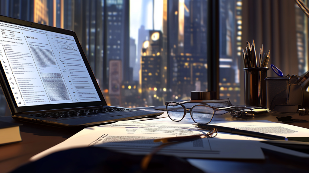 Professional workspace illustrating attention to detail with a person analyzing a report.