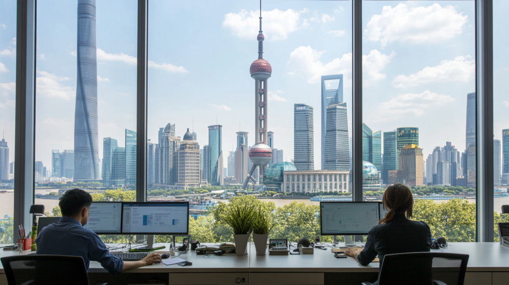 Office scene in Shanghai representing higher avarage salary in urban China.