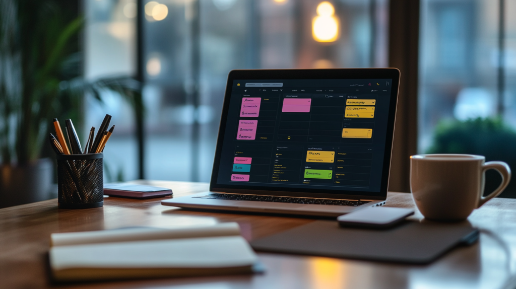 Laptop displaying a free task manager application on a modern desk setup.