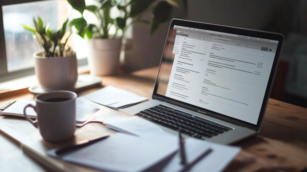 Clean desk with a laptop displaying a blank invoice template for streamlined billing.