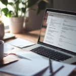 Clean desk with a laptop displaying a blank invoice template for streamlined billing.