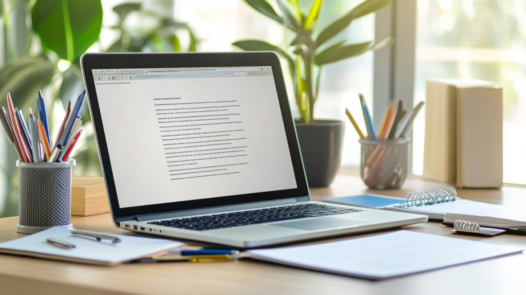 A professional desk setup showing a laptop with a recommendation letter template.