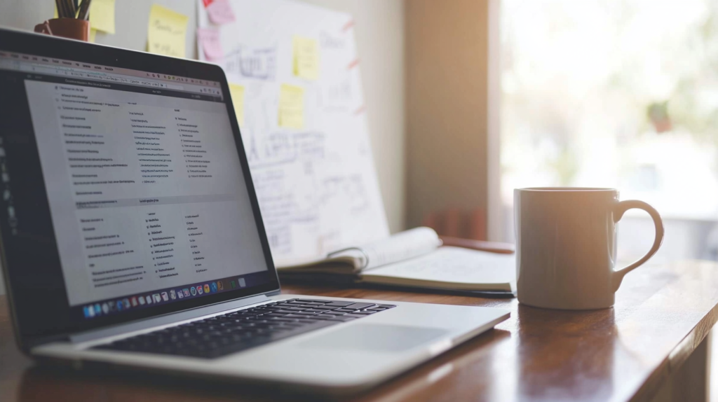 Professional workspace with a notepad showing examples of career goals.