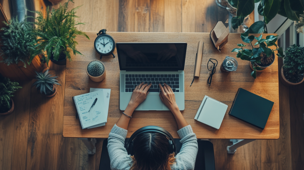 A person staying productive at their desk, demonstrating how to make time go faster.