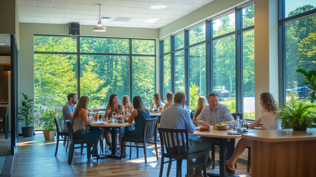 Employees in Maine taking a 30-minute lunch break as required by Maine Break Law.