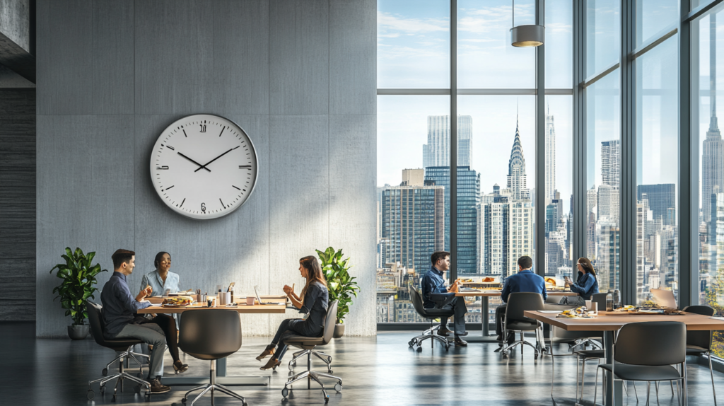 Employees in a New York office taking a lunch break, showcasing New York Break Law.