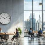 Employees in a New York office taking a lunch break, showcasing New York Break Law.