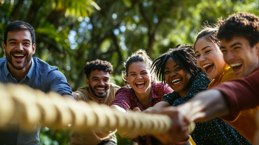 Team members playing outdoor team building games in a park.