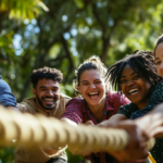 Team members playing outdoor team building games in a park.