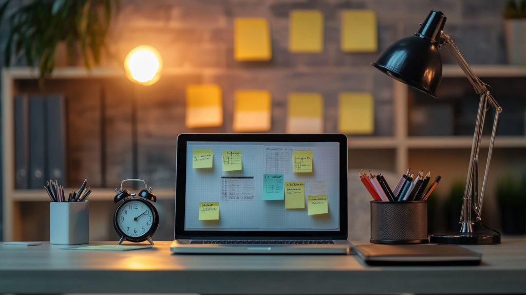 Modern workspace with tools illustrating time management strategies.