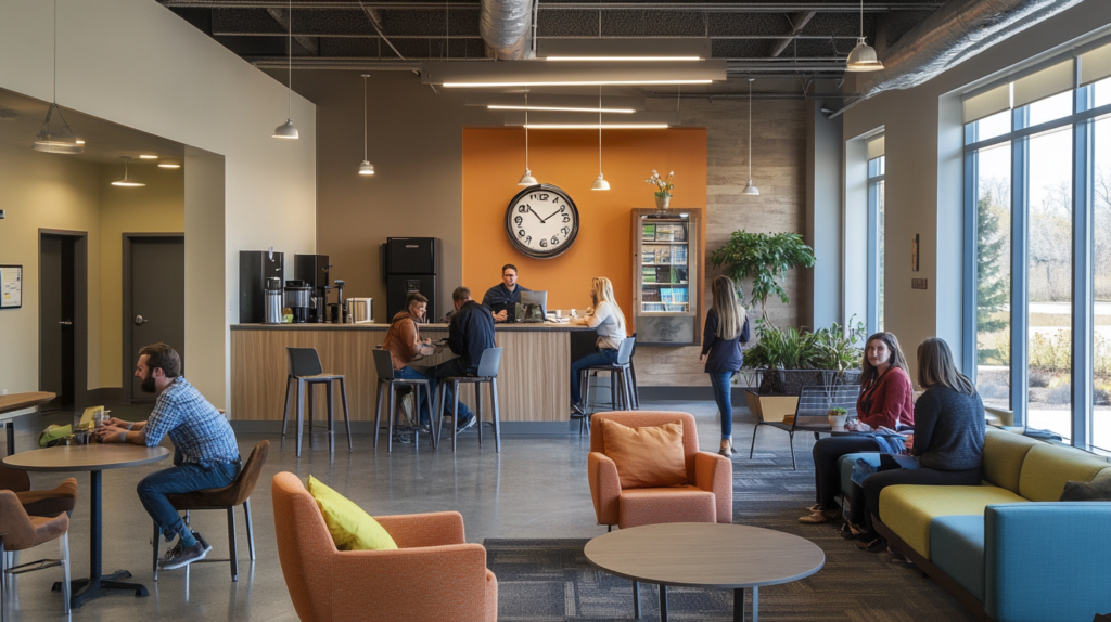 Employees in a Vermont office taking rest and meal breaks as per Vermont Break Law.