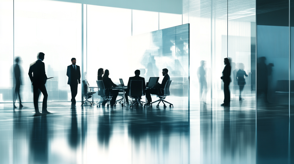 Diverse leaders discussing business management quotes in an office setting.