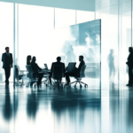 Diverse leaders discussing business management quotes in an office setting.