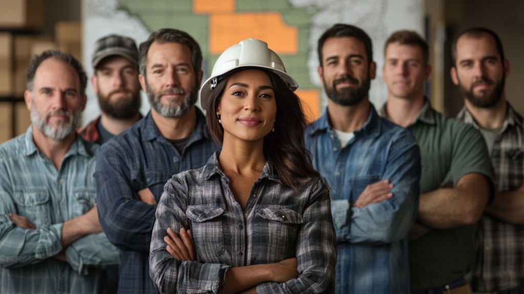 Workers standing in front of a South Dakota map showcasing minimum wage.