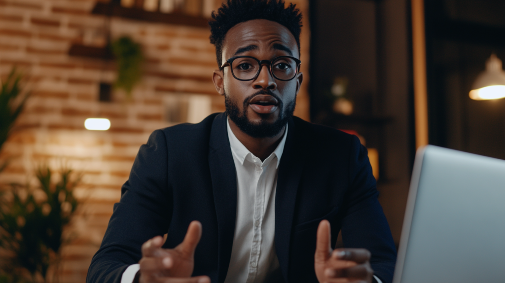 Candidate preparing for a video interview in a well-lit environment.