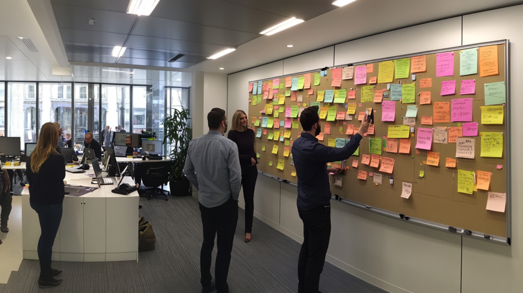 Team collaborating on Agile sprint planning with digital Kanban board.