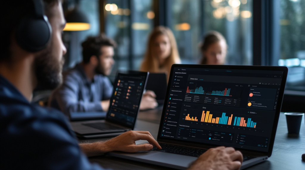 Remote employees using laptops with computer monitoring software analytics.