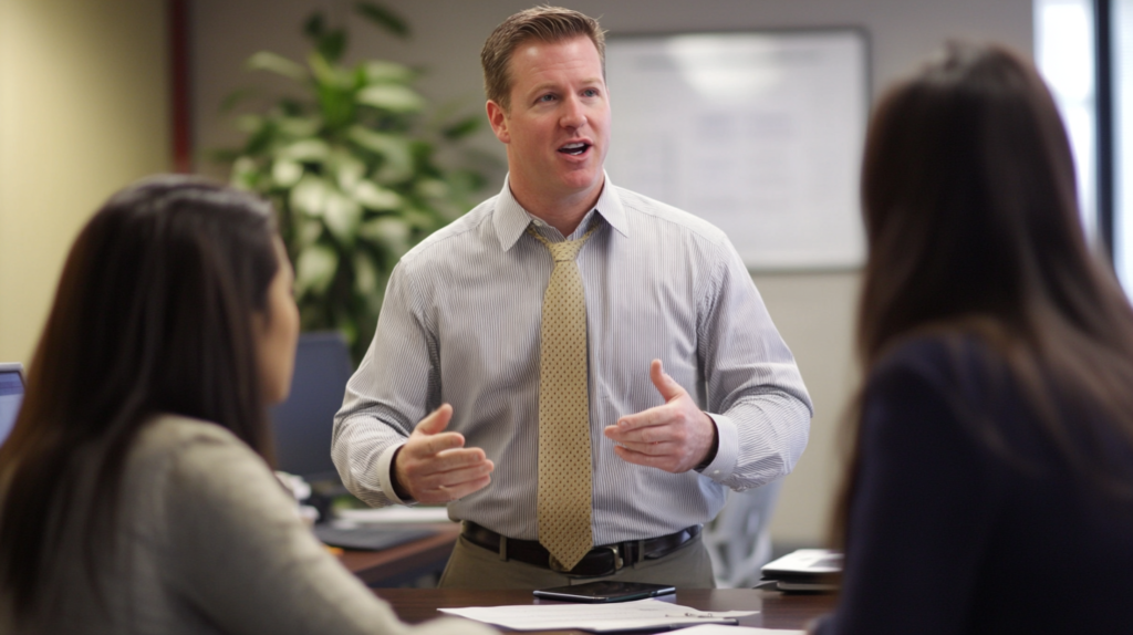 Manager explaining break schedules under Connecticut Break Law compliance.