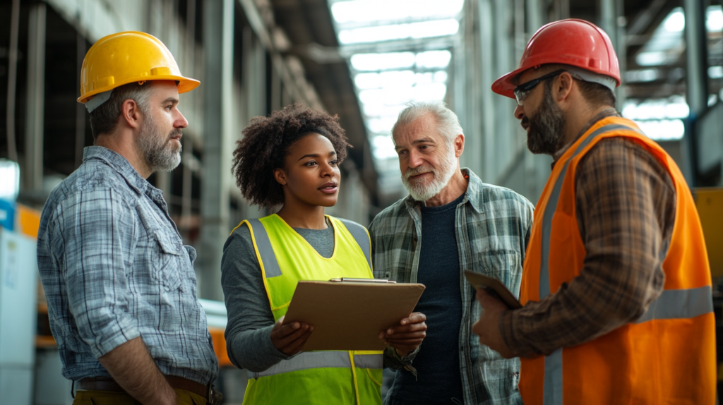 Group of diverse workers discussing Connecticut overtime laws.