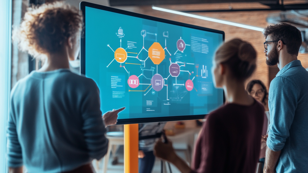 An illustration of a team creating a project roadmap on a screen.