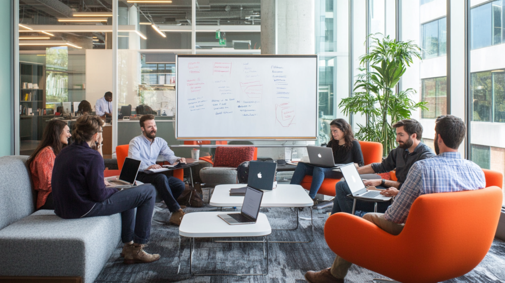 Business professionals discussing meeting agenda items in a modern workspace.