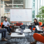 Business professionals discussing meeting agenda items in a modern workspace.