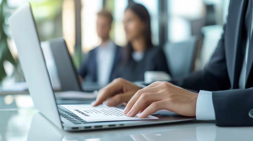 Hiring manager screening candidates on a laptop in a modern office.