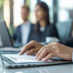 Hiring manager screening candidates on a laptop in a modern office.