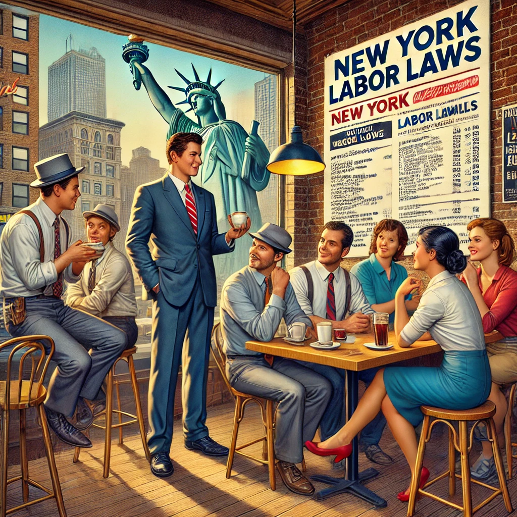 Employees in New York café discussing wage regulations.