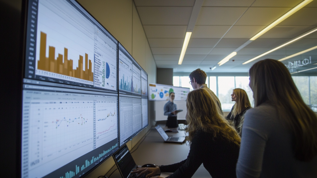 A team analyzing a project portfolio displayed on a large screen.