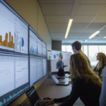 A team analyzing a project portfolio displayed on a large screen.