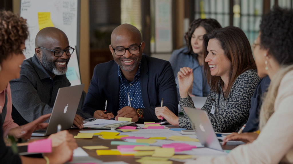 Professionals collaborating during a team brainstorming session.