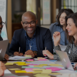 Professionals collaborating during a team brainstorming session.