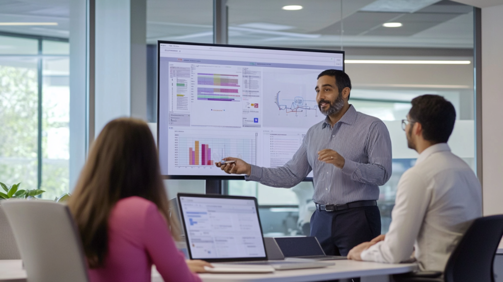 Business professionals testing hard skills in an office setting.