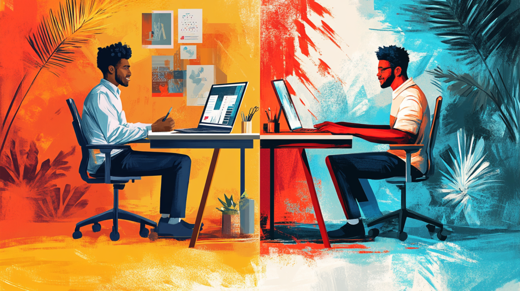 Upwork vs Fiverr comparison illustration featuring split-screen of two freelancers.