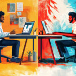 Upwork vs Fiverr comparison illustration featuring split-screen of two freelancers.