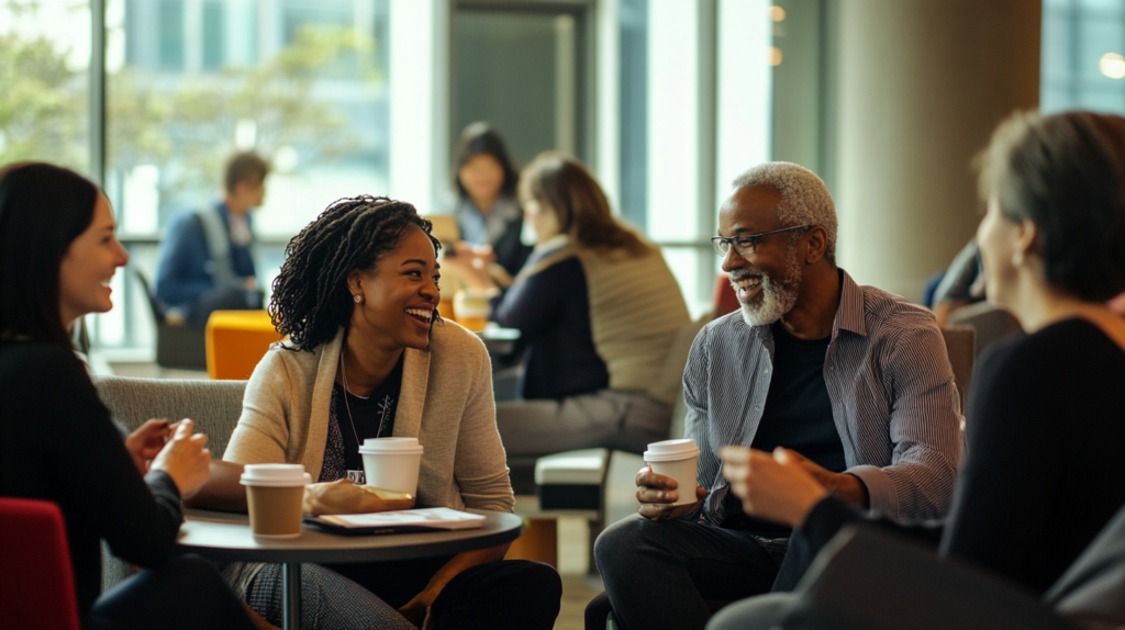 Diverse employees enjoying rest breaks as per Washington Break Law.