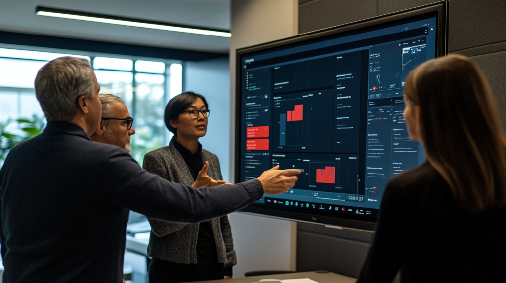 Cross-functional team discussing resource allocation across a digital dashboard.